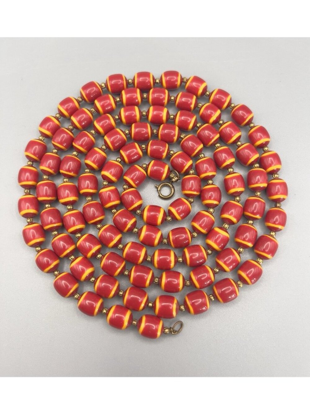Vintage 1940s Red & Yellow French Hard Plastic Beaded Opera Length Long Necklace